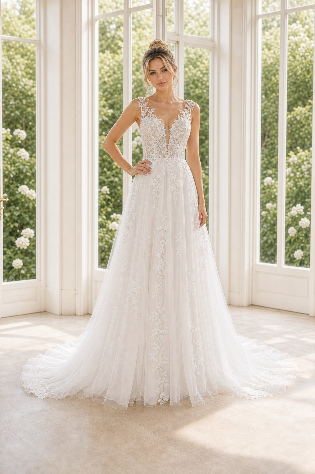 Ivory Bateau Short Sleeves A-Line Crepe Floor-length Wedding Dress With Floral Appliques and Front Slit and Open Back
