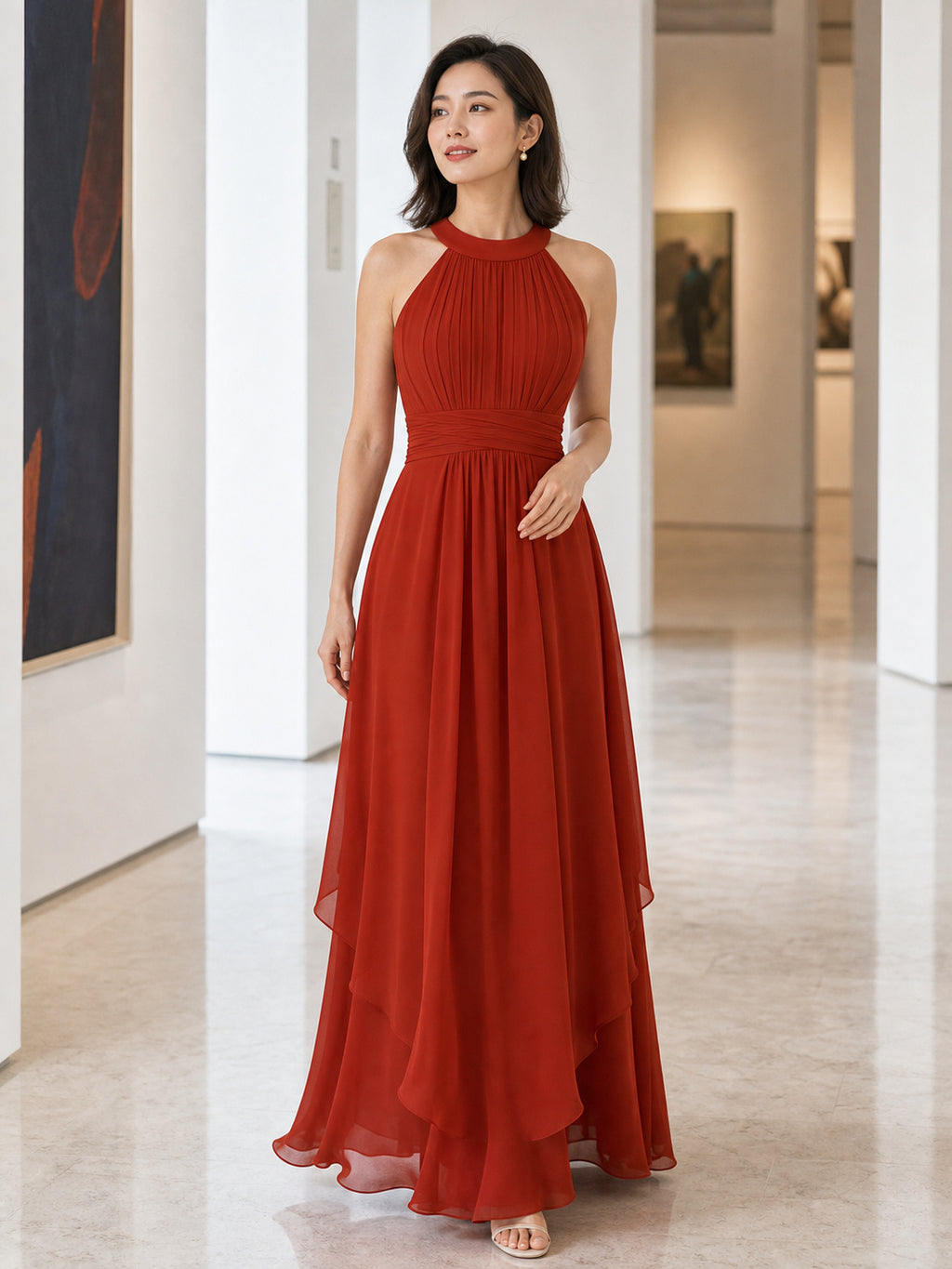 High-Neck Sleeveless A-Line Chiffon Floor-Length Dress With Keyhole Back