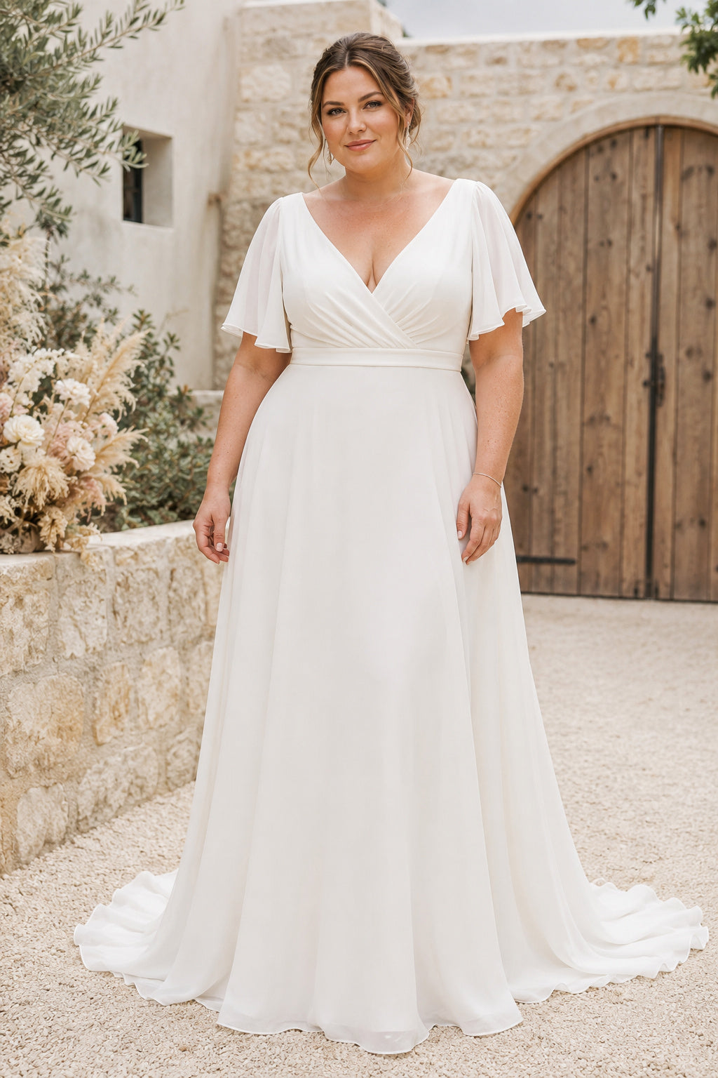 White Plus Size Simple V-Neck Chiffon A-Line Wedding Dress with Flutter Sleeves and Train front view
