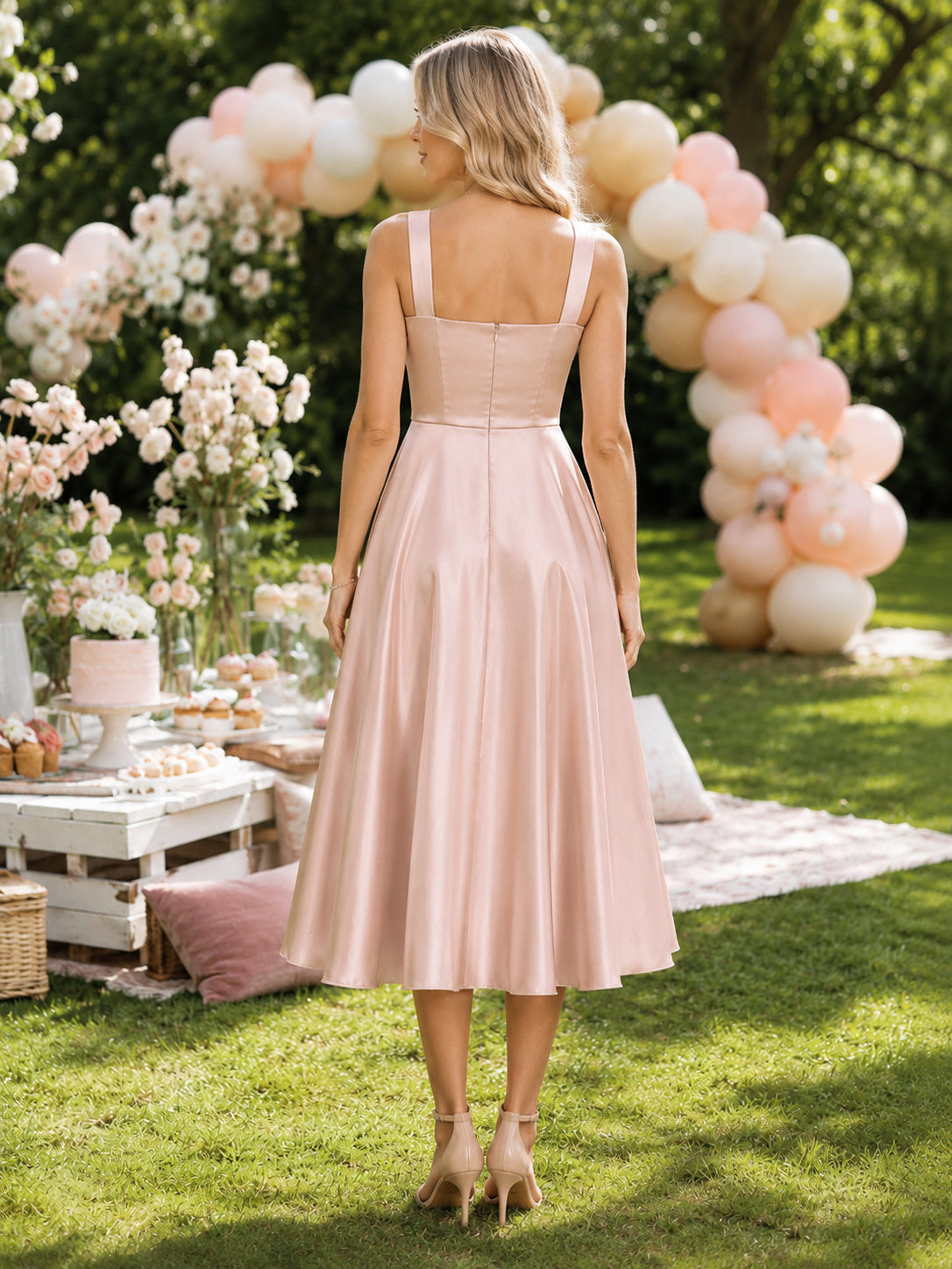 Blush Satin Square Neck Sleeveless A Line Party Dress back view