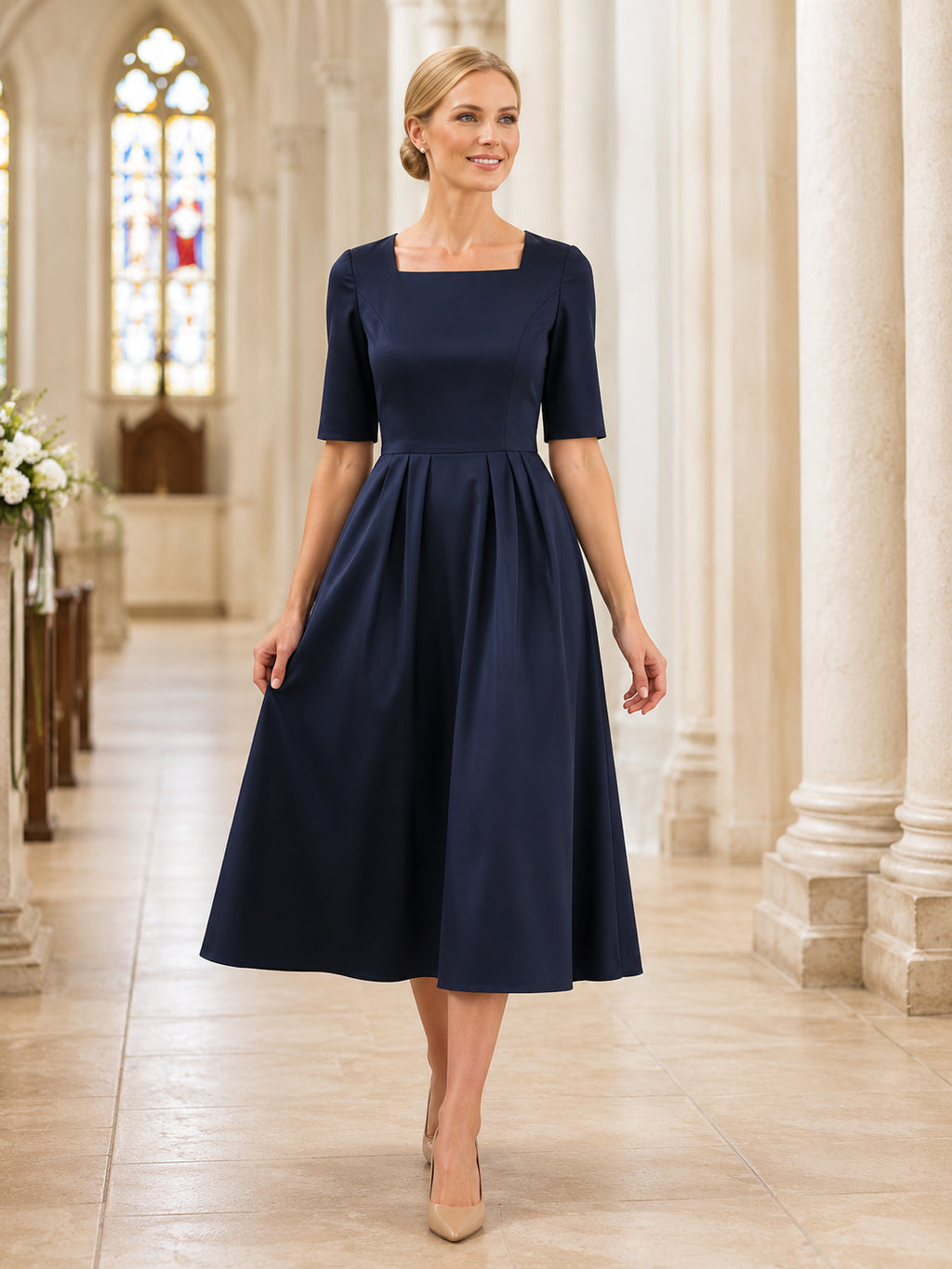 Navy Square Neck Half Sleeve A Line Church Midi Dress front view