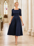 Navy Square Neck Half Sleeve A Line Church Midi Dress front view