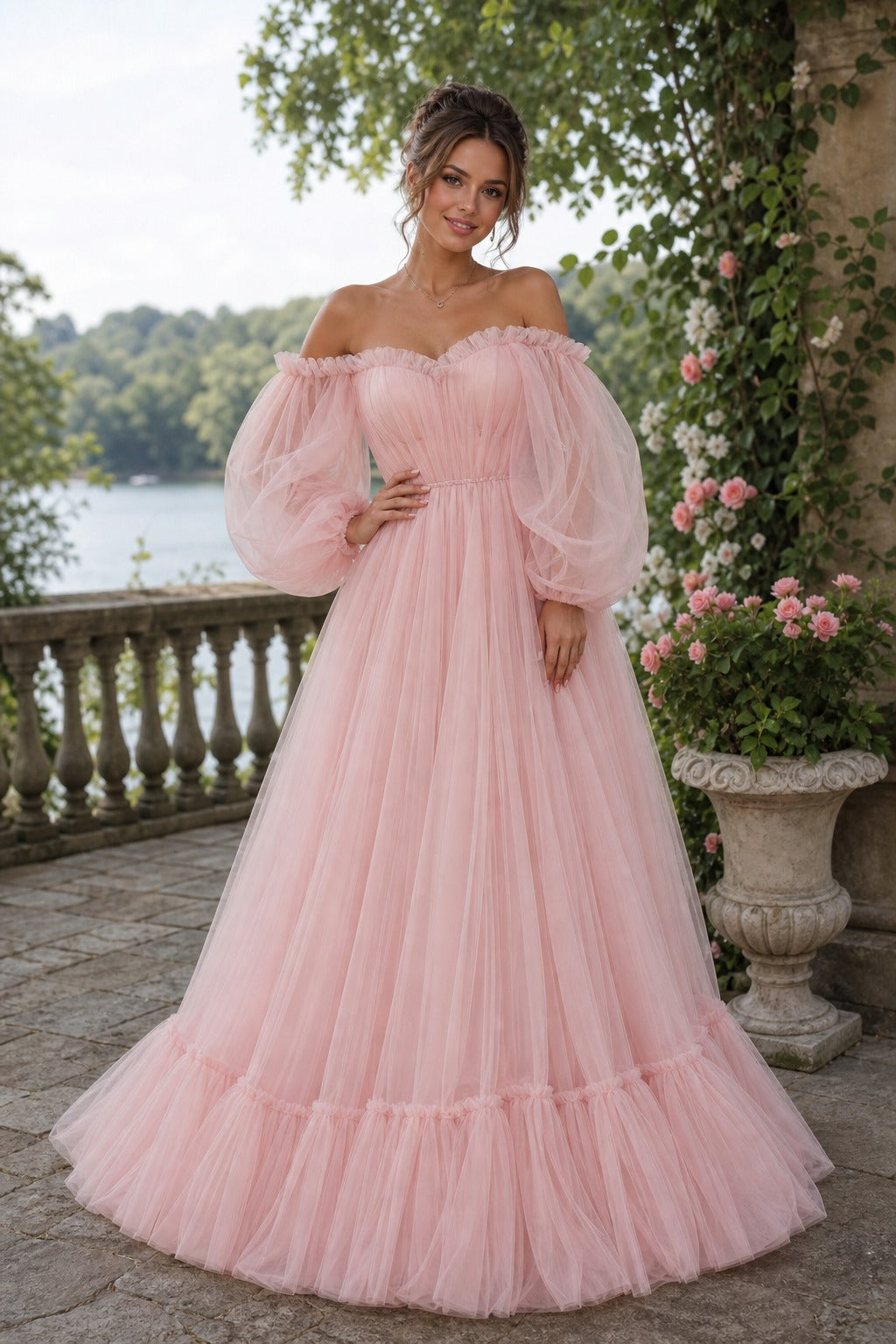 Blush Off-the-Shoulder Tulle Ball Gown