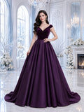 Deep Purple V-Neck Cap Sleeve Satin A-Line Wedding Dress front view
