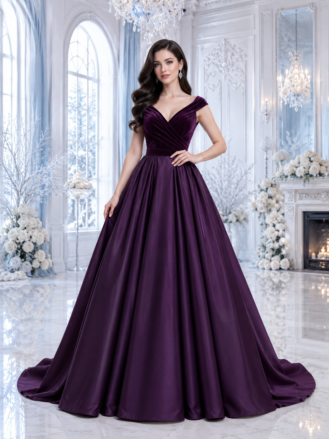 Deep Purple V-Neck Cap Sleeve Satin A-Line Wedding Dress front view