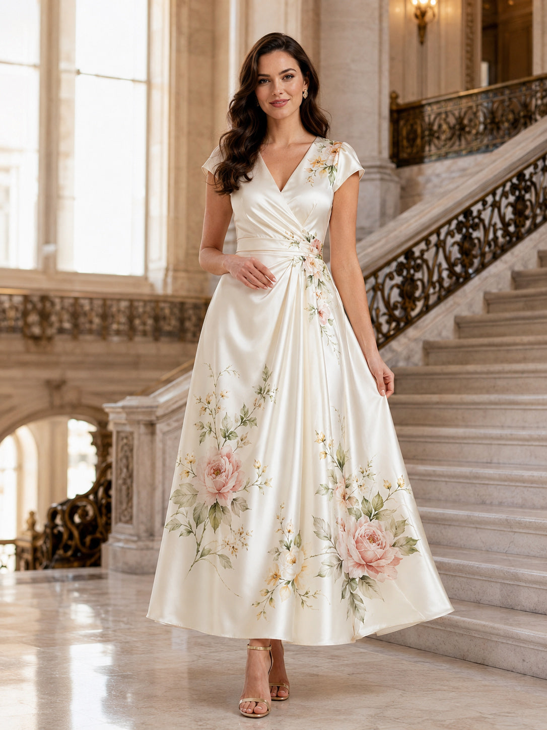 Painted Floral V-Neck Satin City Hall Midi Bridal Dress front view
