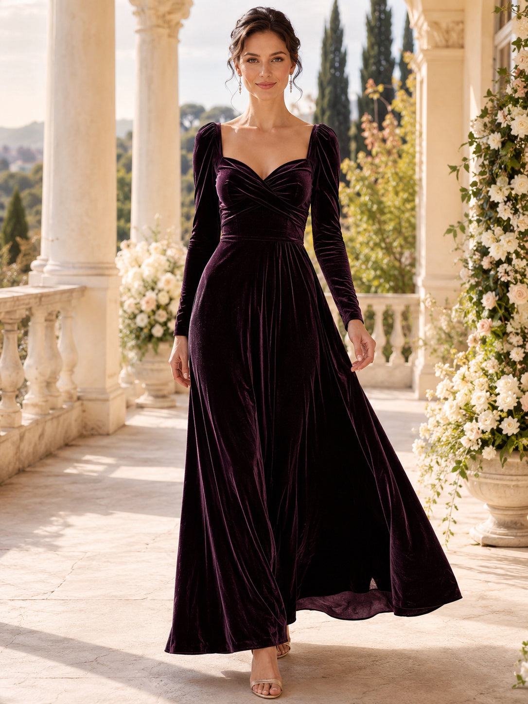 Plum Sweetheart Long Puff Sleeve Velvet A-Line Floor Wedding Guest Gown front view