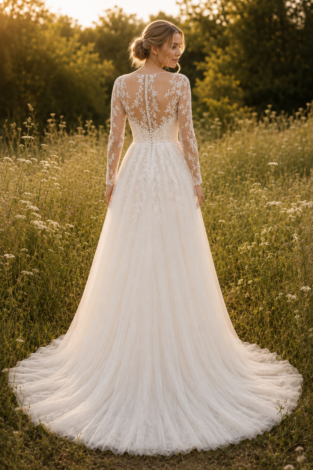 Long Sleeve V-Neck A-Line Wedding Dress with Lace Bodice and Soft Tulle Train for Beach Garden Ceremony back view