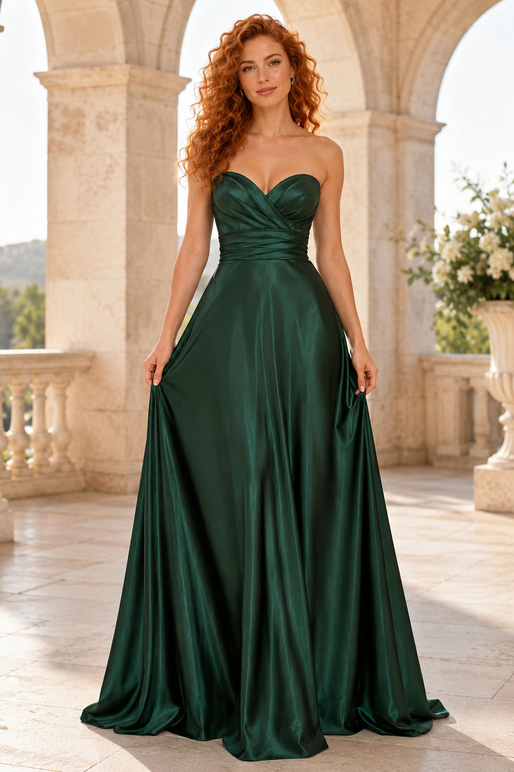 Dark Green Strapless Satin Ball Gown Formal Dress with Full Skirt front view