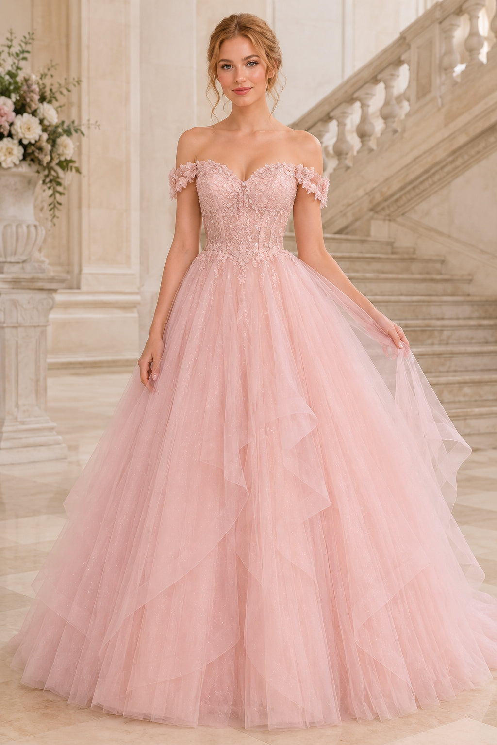 Blushing Pink Off the Shoulder Blush Tulle Ball Gown with Lace Bodice Floor Length Ball Gown Prom Dress front view