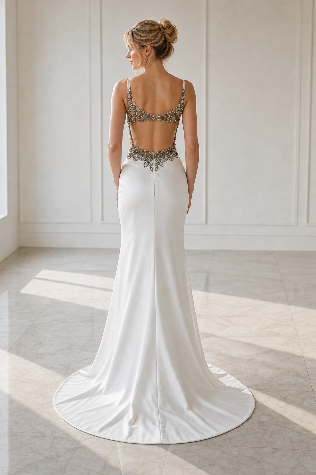 White Bateau Three-Quarter Sleeves A-Line Lace Floor-length Wedding Dress With Lace and Lace Bodice and Open Back