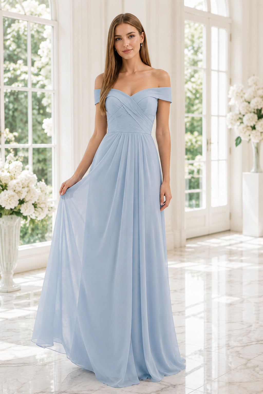 Sky Blue Off-the-Shoulder Chiffon A-Line Bridesmaid Dress with Draped Bodice front view