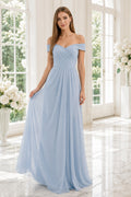Sky Blue Off-the-Shoulder Chiffon A-Line Bridesmaid Dress with Draped Bodice front view