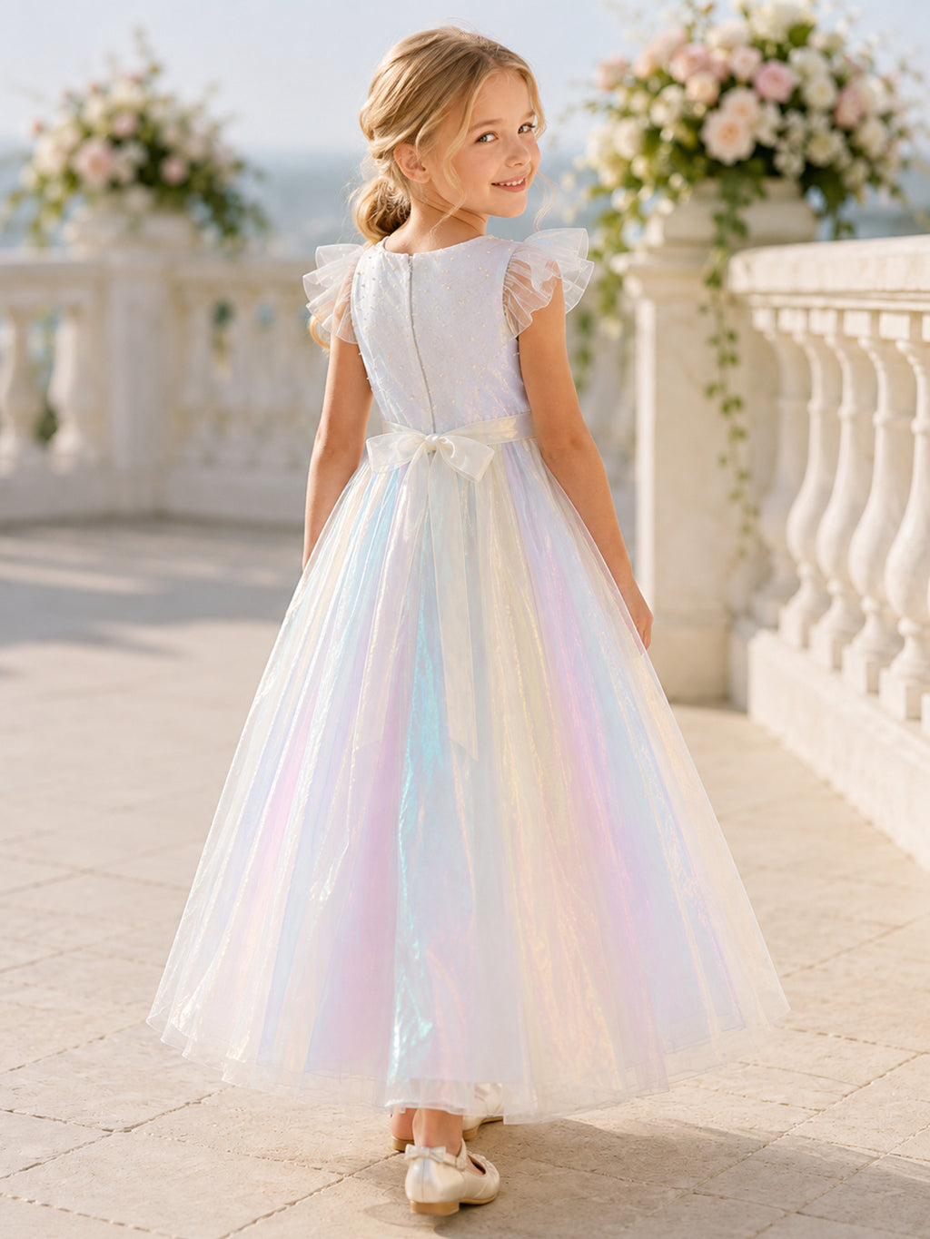 Opalescent Romantic A-Line Tulle Flower Girl Dress Petal Sleeve Square Neck Floor-Length Airy Layers back view