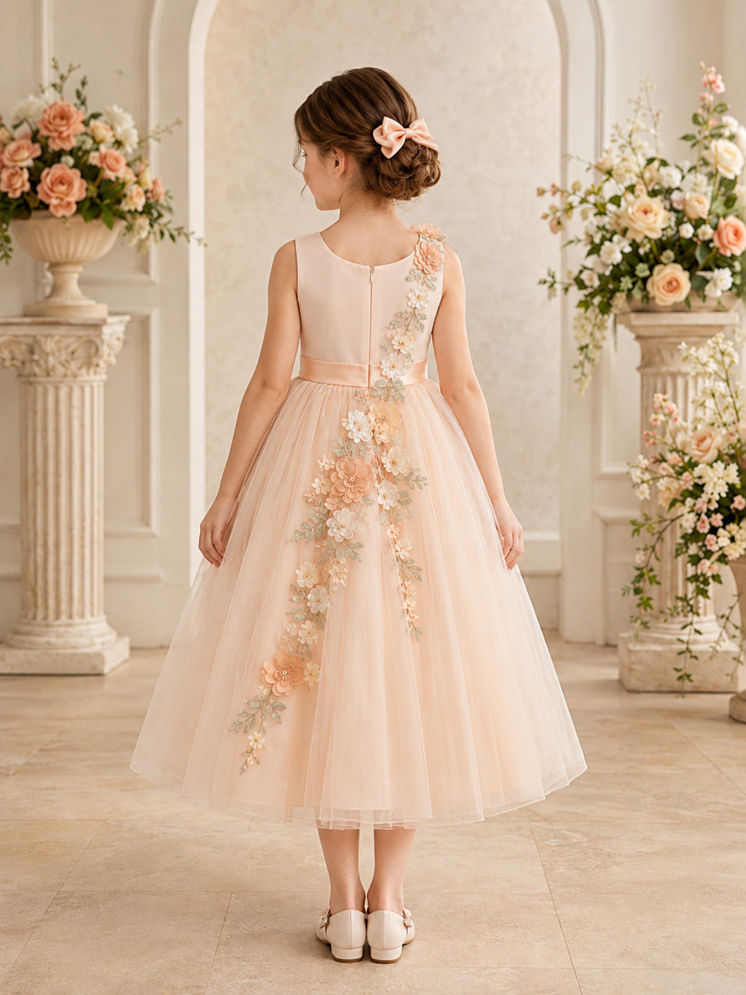 Champagne Cascading Floral Flower Girl Dress with Sleeveless Tulle A-Line, Applique Trail, Natural Waist, and Tea-Length Hem