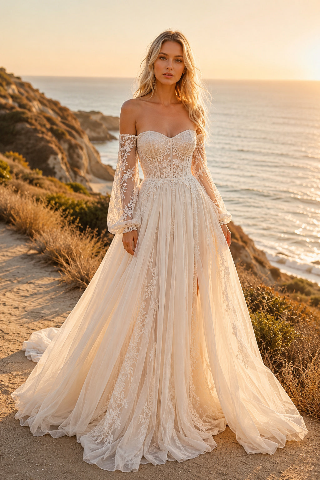 Ivory Off Shoulder Long Sleeve Lace Tulle A-Line Wedding Dress Chapel Train for Bridal Ceremony and Reception front view