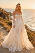Ivory Off Shoulder Long Sleeve Lace Tulle A-Line Wedding Dress Chapel Train for Bridal Ceremony and Reception front view
