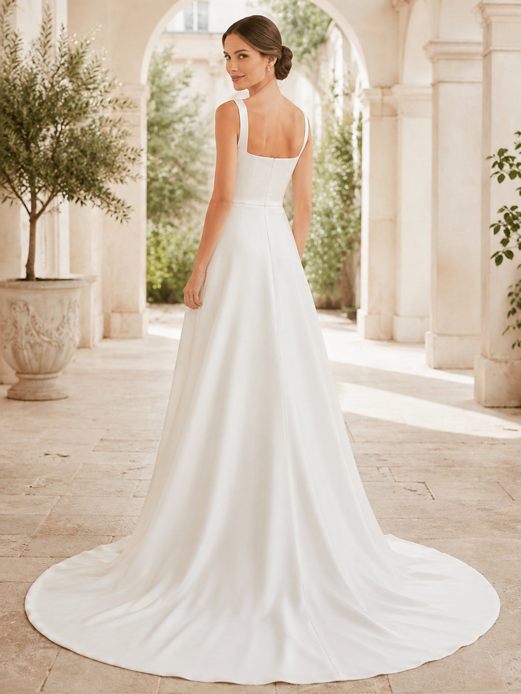 Minimalist Square Neck Wide Strap Satin A-Line Chapel Train Wedding Dress back view