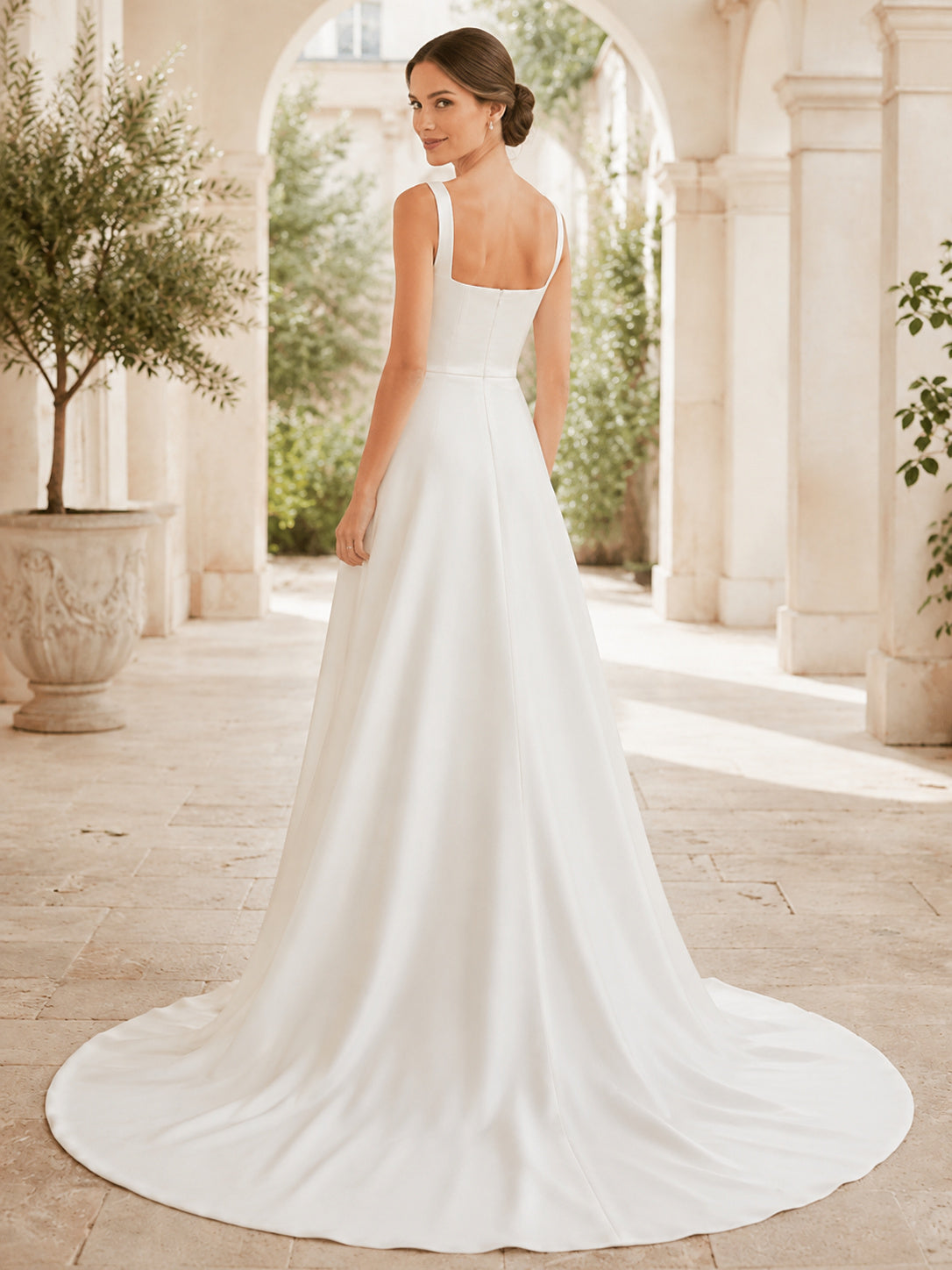 Minimalist Square Neck Wide Strap Satin A-Line Chapel Train Wedding Dress back view