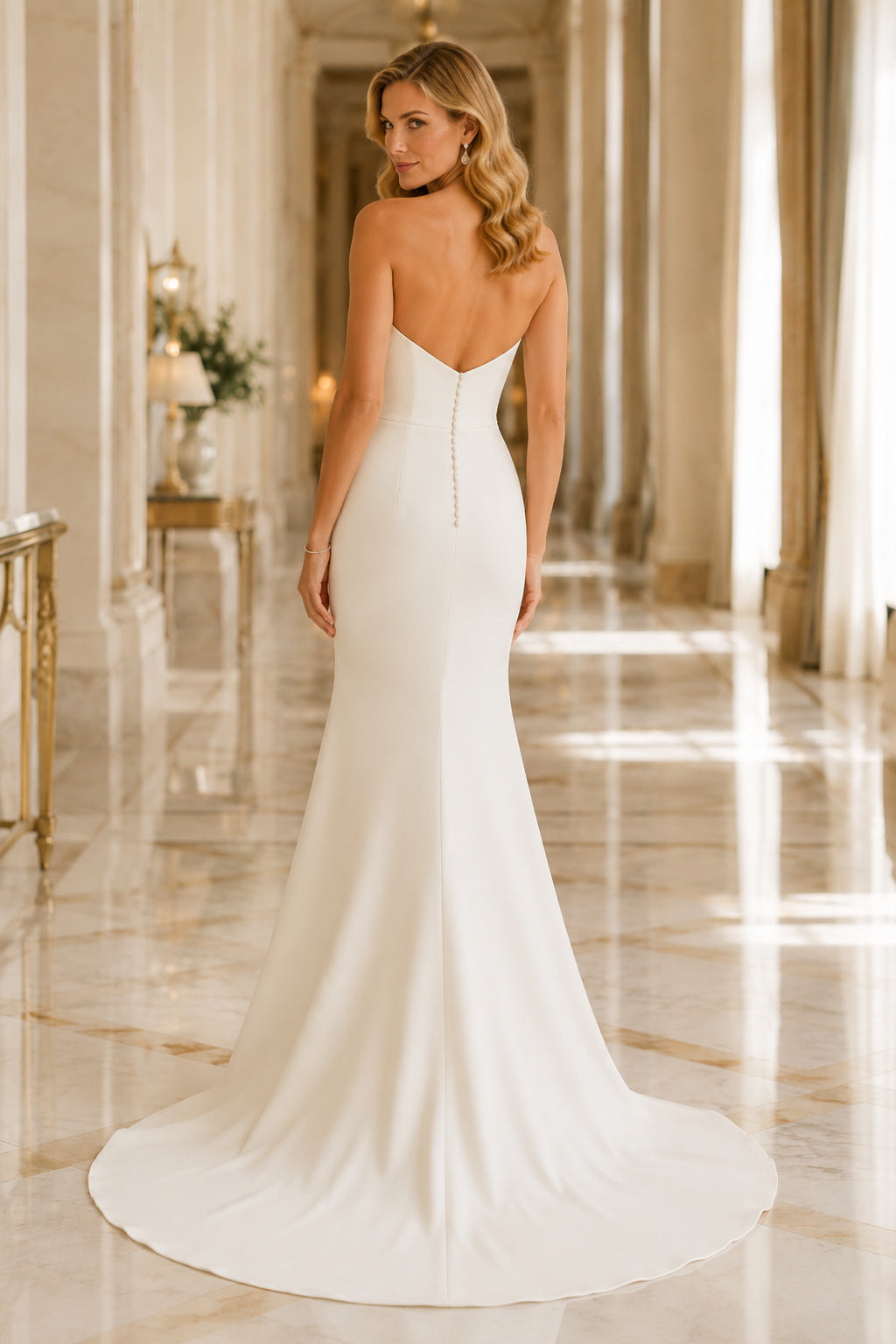 Ivory Strapless Crepe Mermaid Wedding Dress with Sweetheart Neck and Train back view