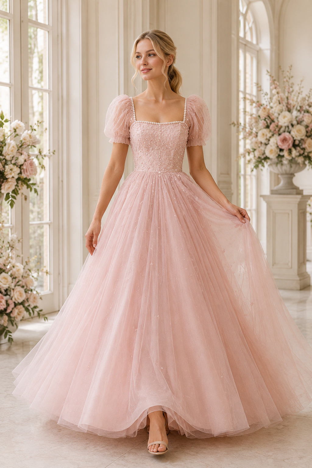 Blushing Pink Square Neck Puff Sleeve A-Line Dress with Full Tulle Skirt front view
