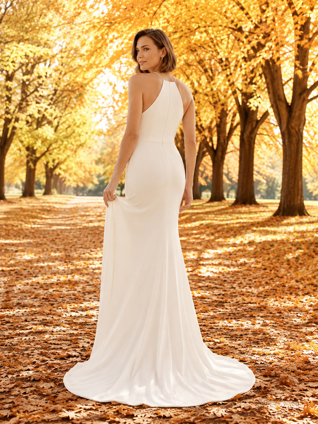 Simple Autumn Jewel Neck Crepe Sheath Wedding Dress back view
