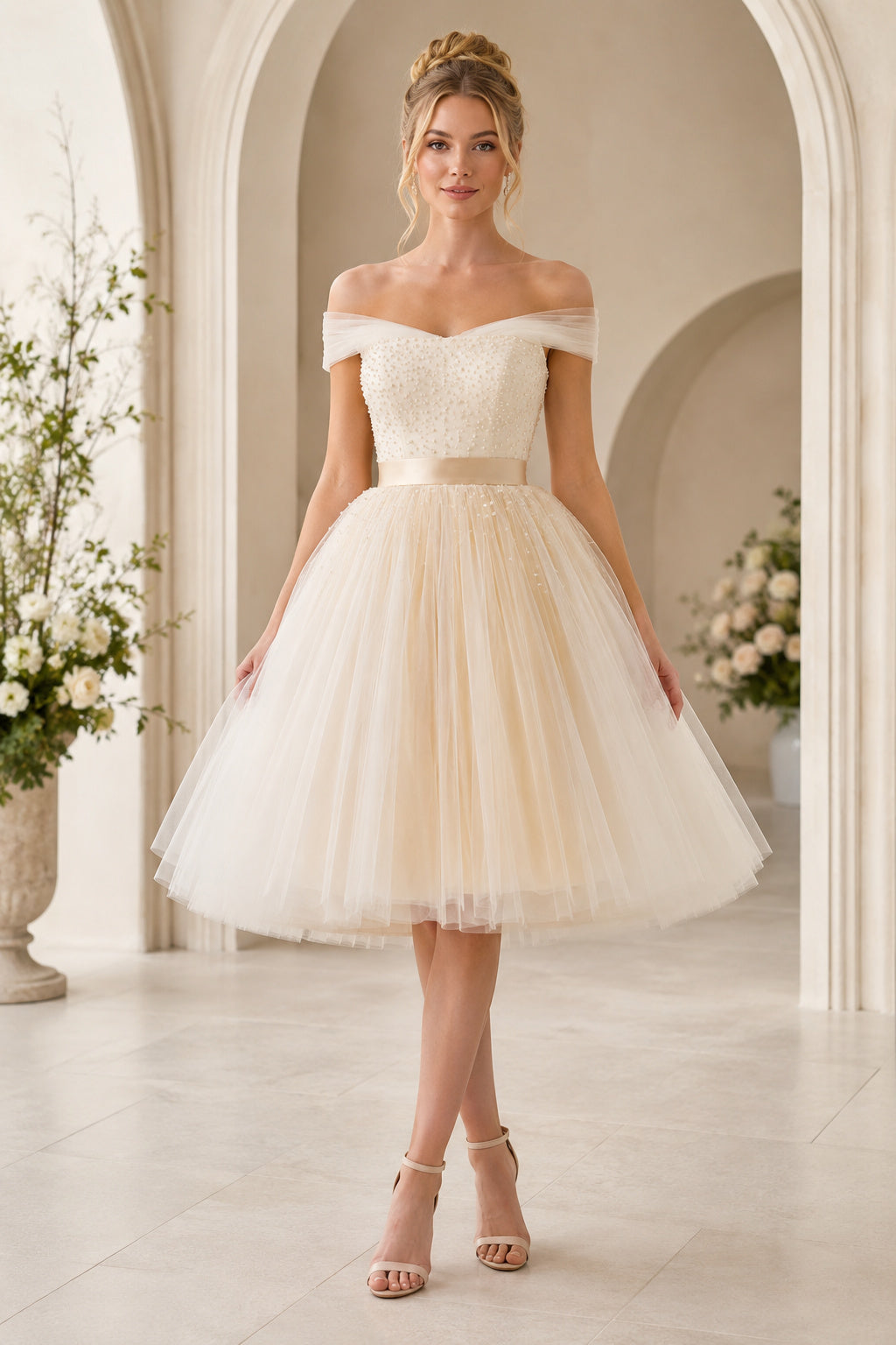 Ivory Off Shoulder Bow Sash Bodice with Tea Length Tulle Skirt Tea Length A-Line Homecoming Dress front view