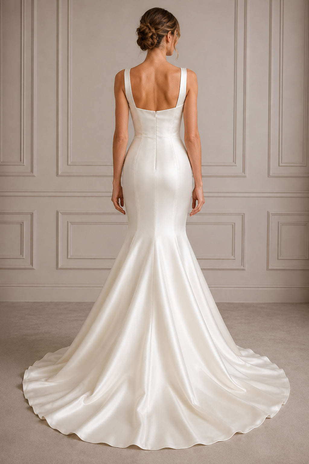 Square Neck Satin Mermaid Wedding Dress with Flared Train back view