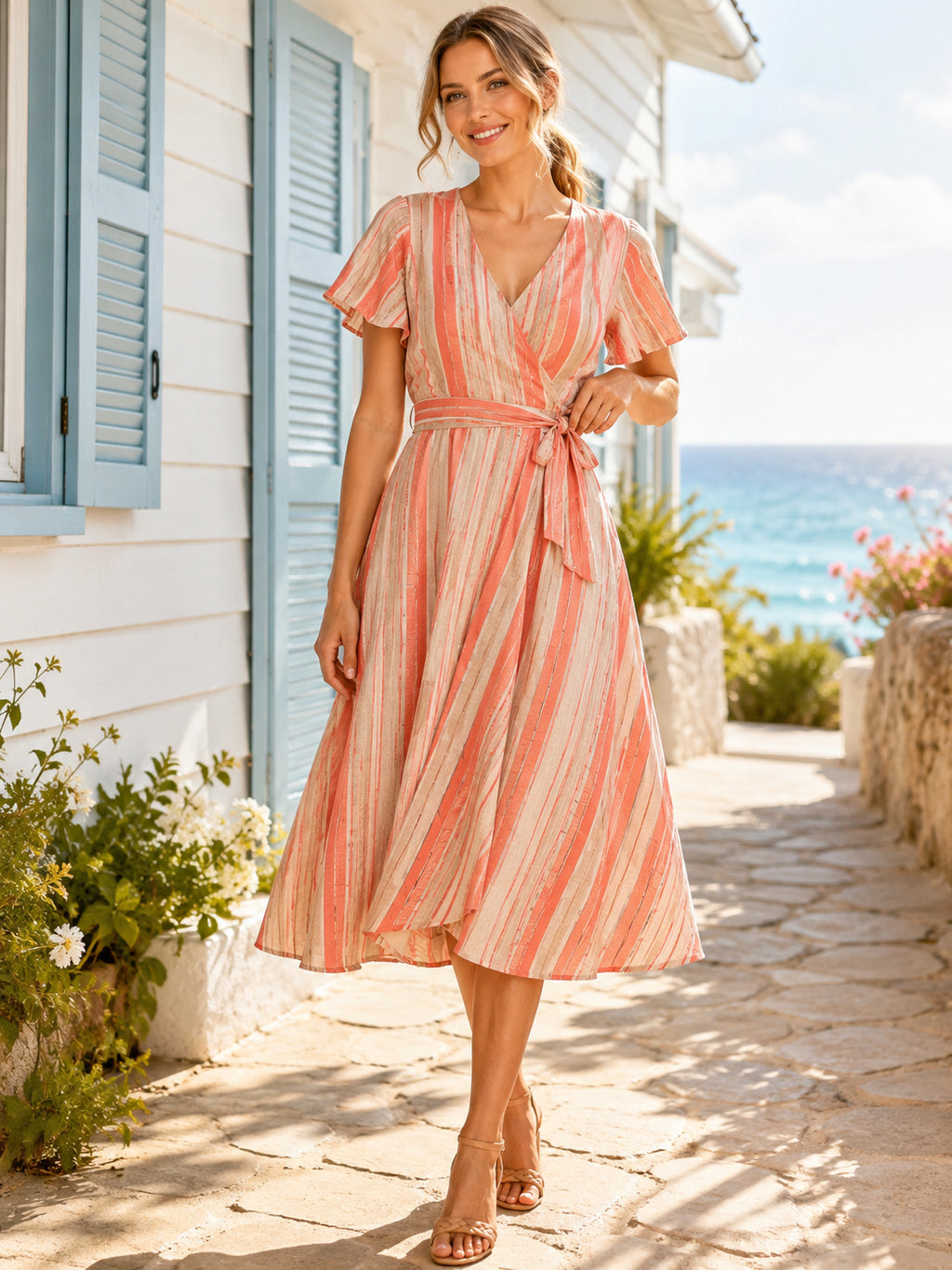 Coral Coastal Stripe V Neck Wrap Linen Midi Dress front view