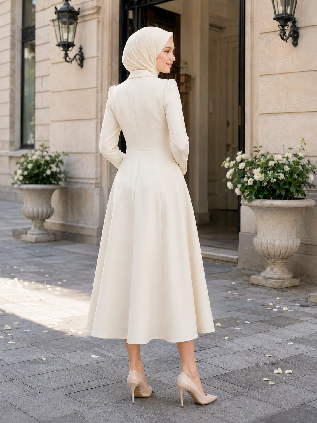 Modest Muslim Button Front Tea Length Court Wedding Dress back view