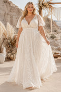 Plus Size V-Neck Cap Sleeve Lace A-Line Wedding Dress with Tulle Train front view