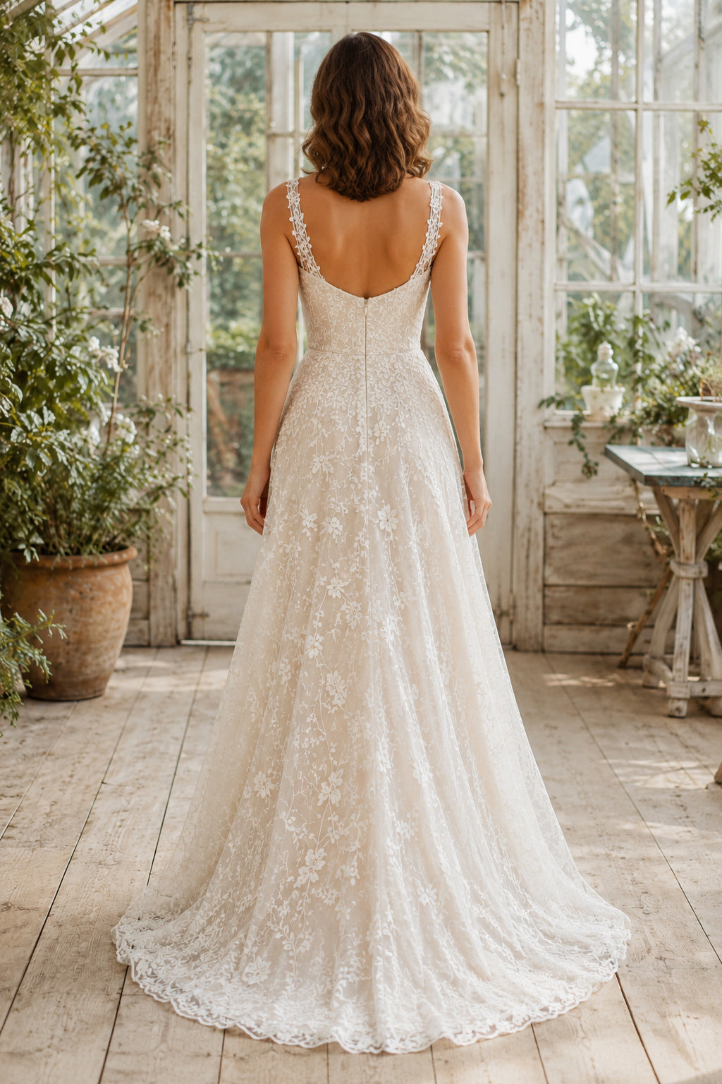 Ivory Square Neck Sleeveless Lace Sheath Wedding Dress with Straps and Sweep Train back view