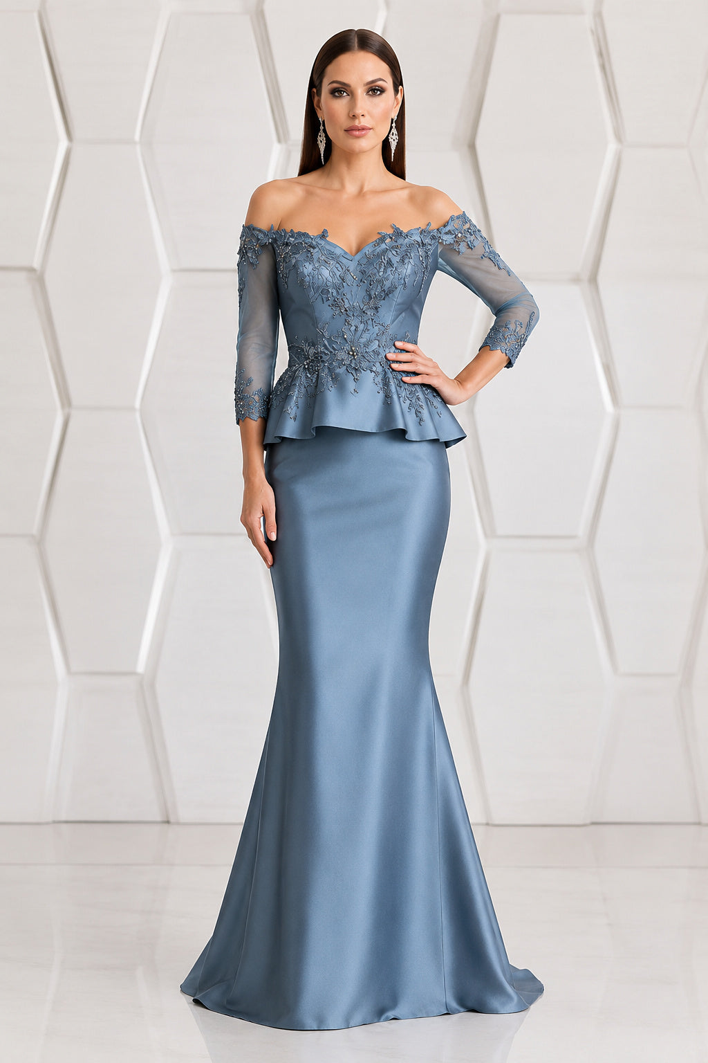 Steel Blue Off-the-Shoulder Peplum Mother of the Bride Dress with Lace Bodice front view