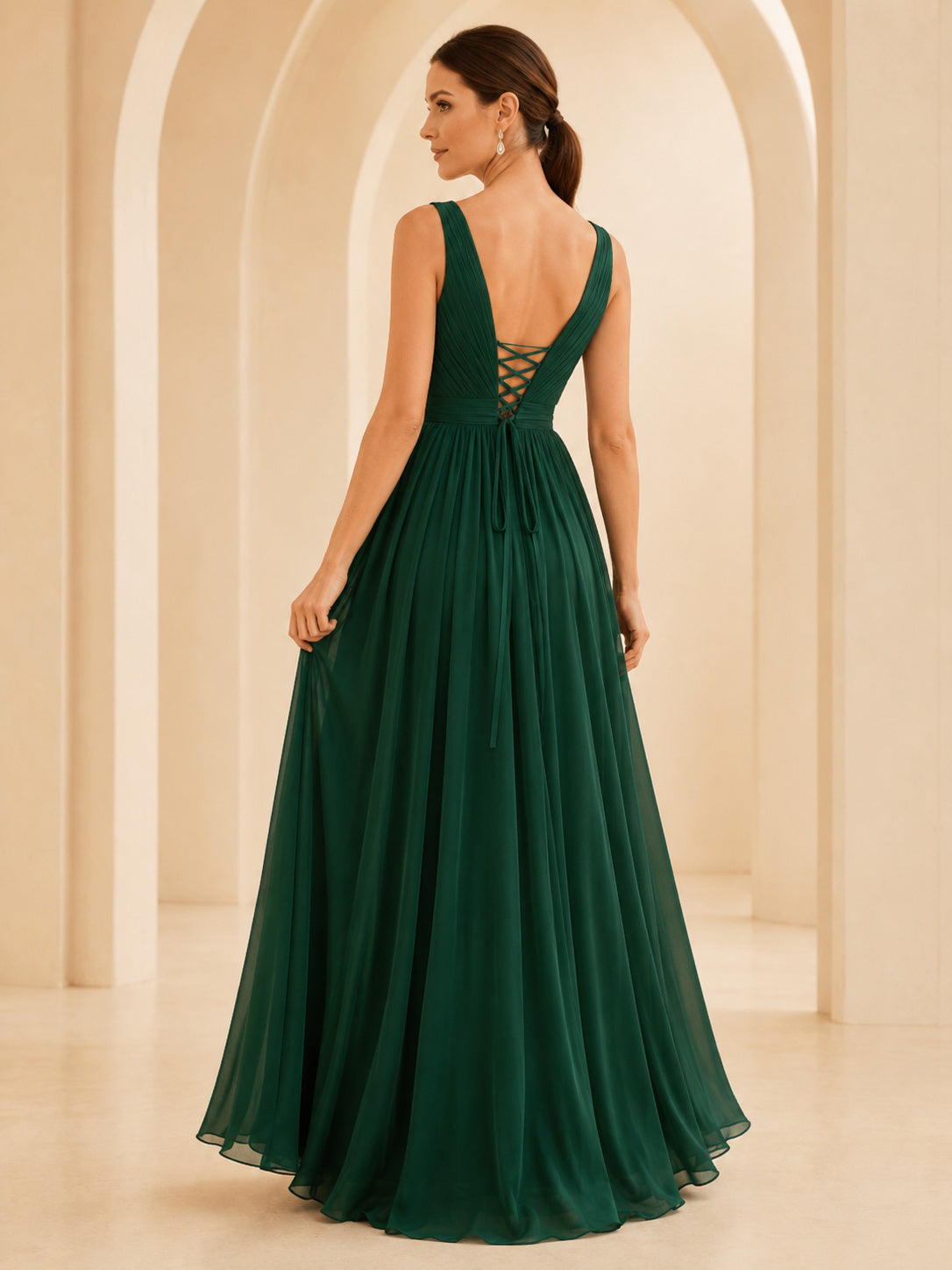 Dark Green V-Neck Lace Up Chiffon A-Line Gown back view