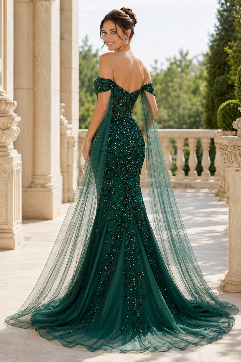 Dark Green Off Shoulder Mermaid Prom Dress Tulle Train for Prom and Formal Events back view