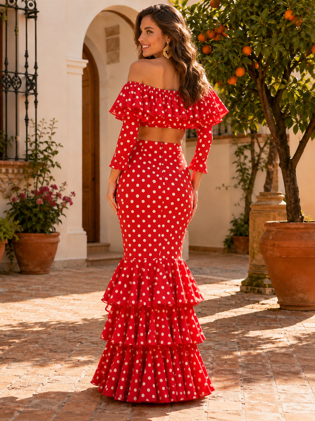 Red White Polka Dot Off Shoulder Ruffle Crop Top Tiered Mermaid Two Piece Feria Set back view