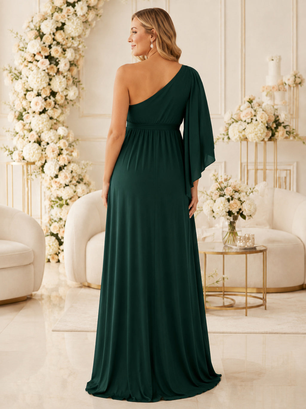 Dark Green Maternity One Shoulder Cape Sleeve Empire Jersey Floor Length Evening Dress back view