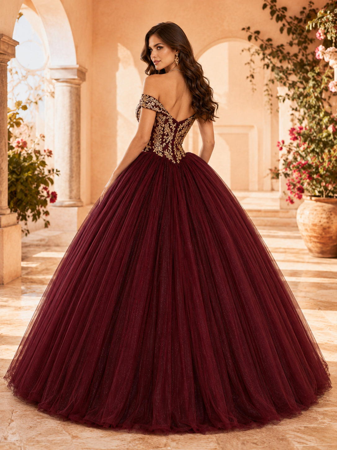 Burgundy Gold Off Shoulder Metallic Brocade Quinceanera Princess Formal Ball Gown back view