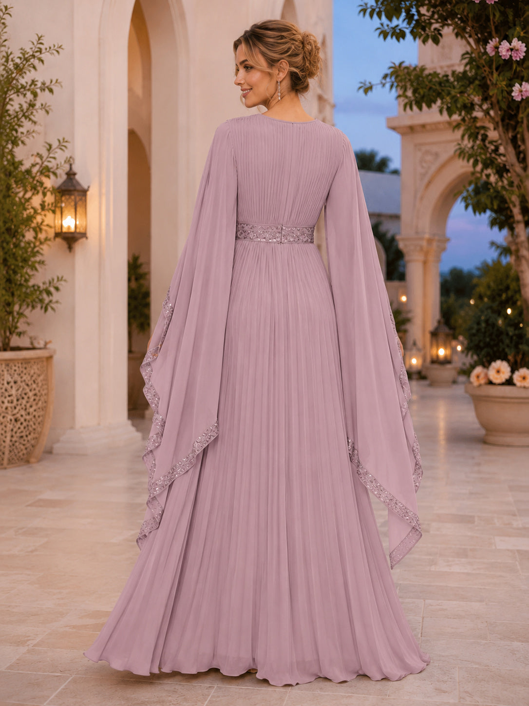 Elegant Lavender Chiffon Eid A Line Floor Length Cape Sleeve Beaded Dress back view
