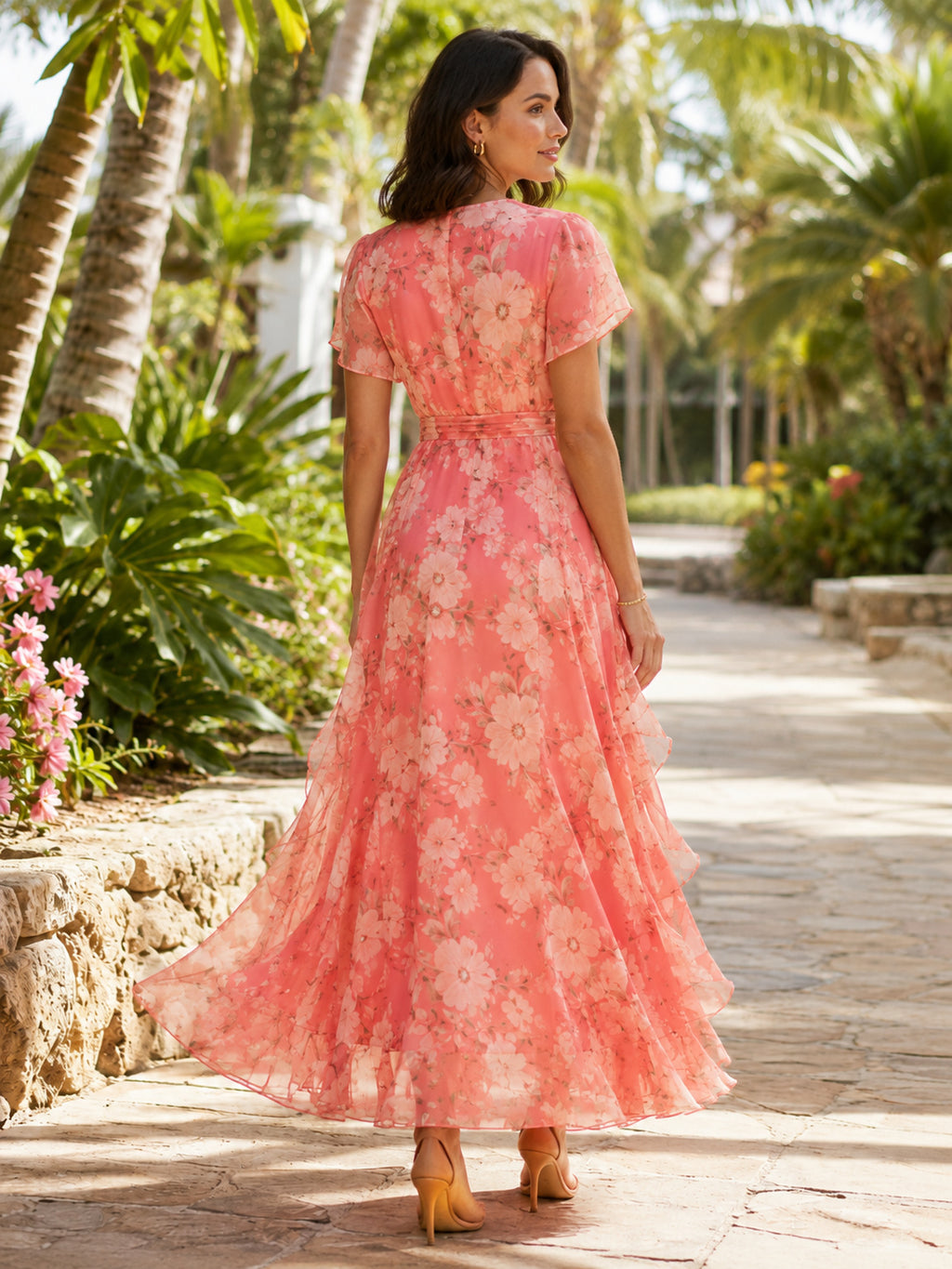 Coral Floral Print V-neck Tea-length Guest Dress back view