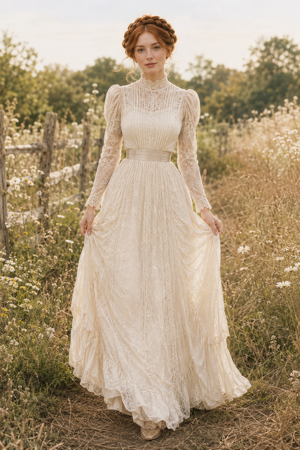 Ivory Two Piece High Neck Lace A-Line Wedding Dress Train for Wedding Ceremony and Reception front view