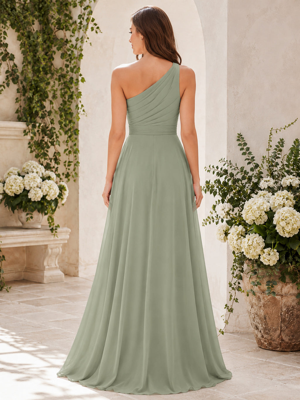 Sage one shoulder chiffon floor length A-line bridesmaid dress back view