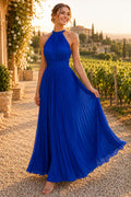 Royal Blue Halter Pleated Chiffon A-Line Dress front view