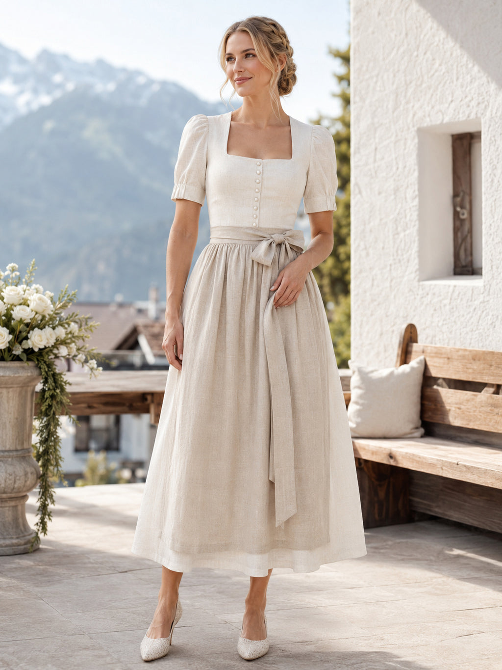 Modern Linen Bridal Dirndl Square Neck Puff Sleeve Ankle Wedding Dress front view