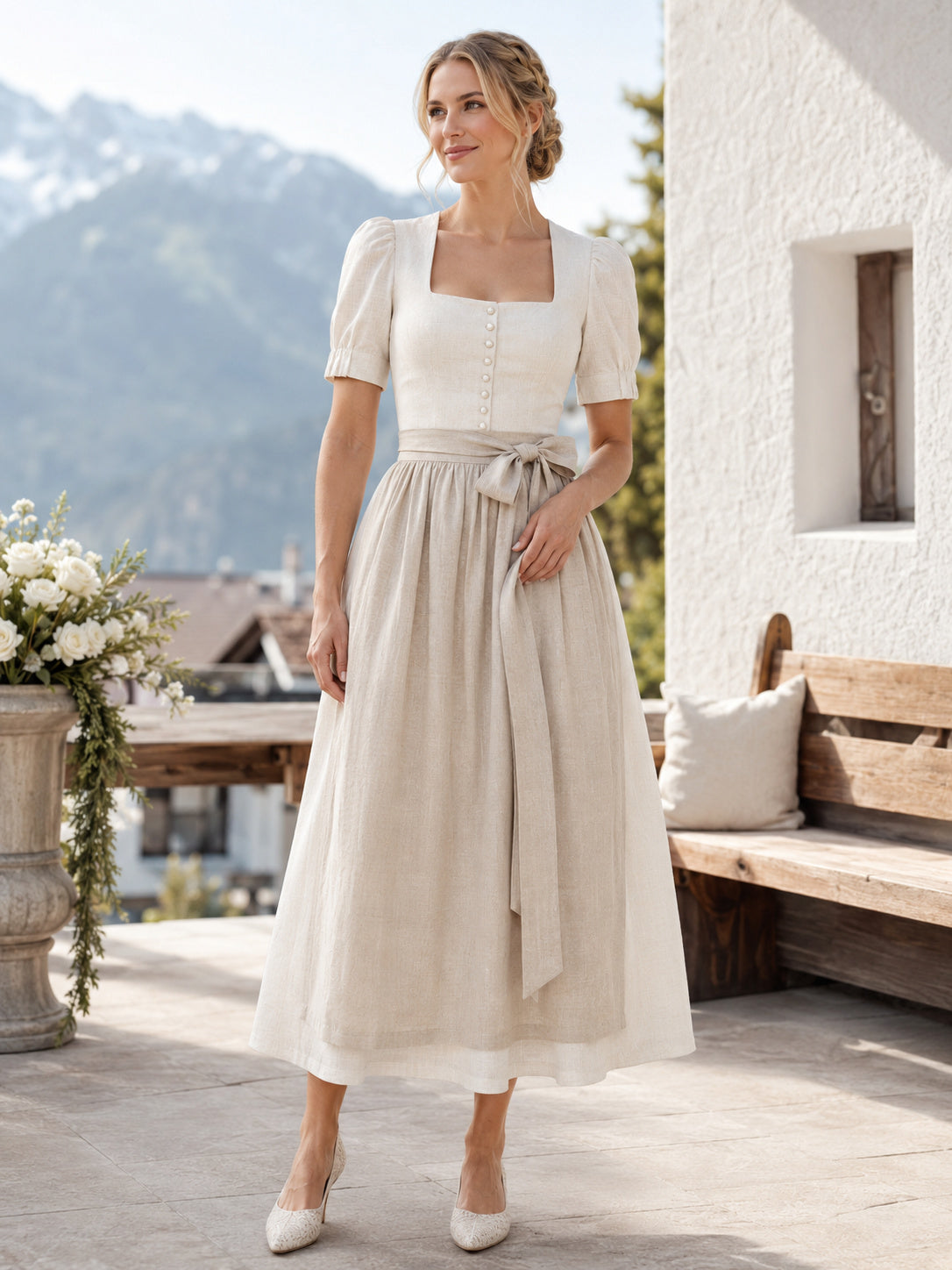 Modern Linen Bridal Dirndl Square Neck Puff Sleeve Ankle Wedding Dress front view