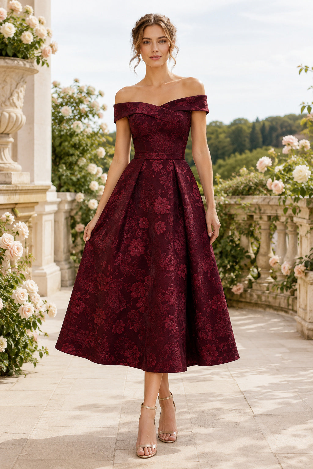 Wedding Guest Dress Burgundy Taffeta A-Line Off Shoulder Short Sleeve Tea Length front view