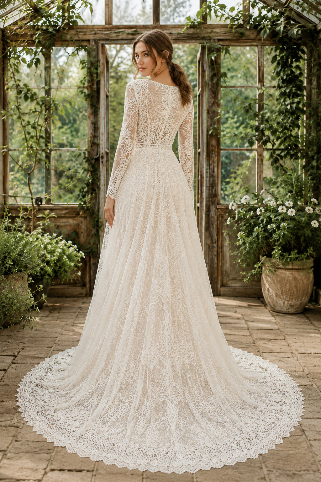 Ivory Long Sleeve Lace A-Line Wedding Dress with Deep V-Neck and Chapel Train back view