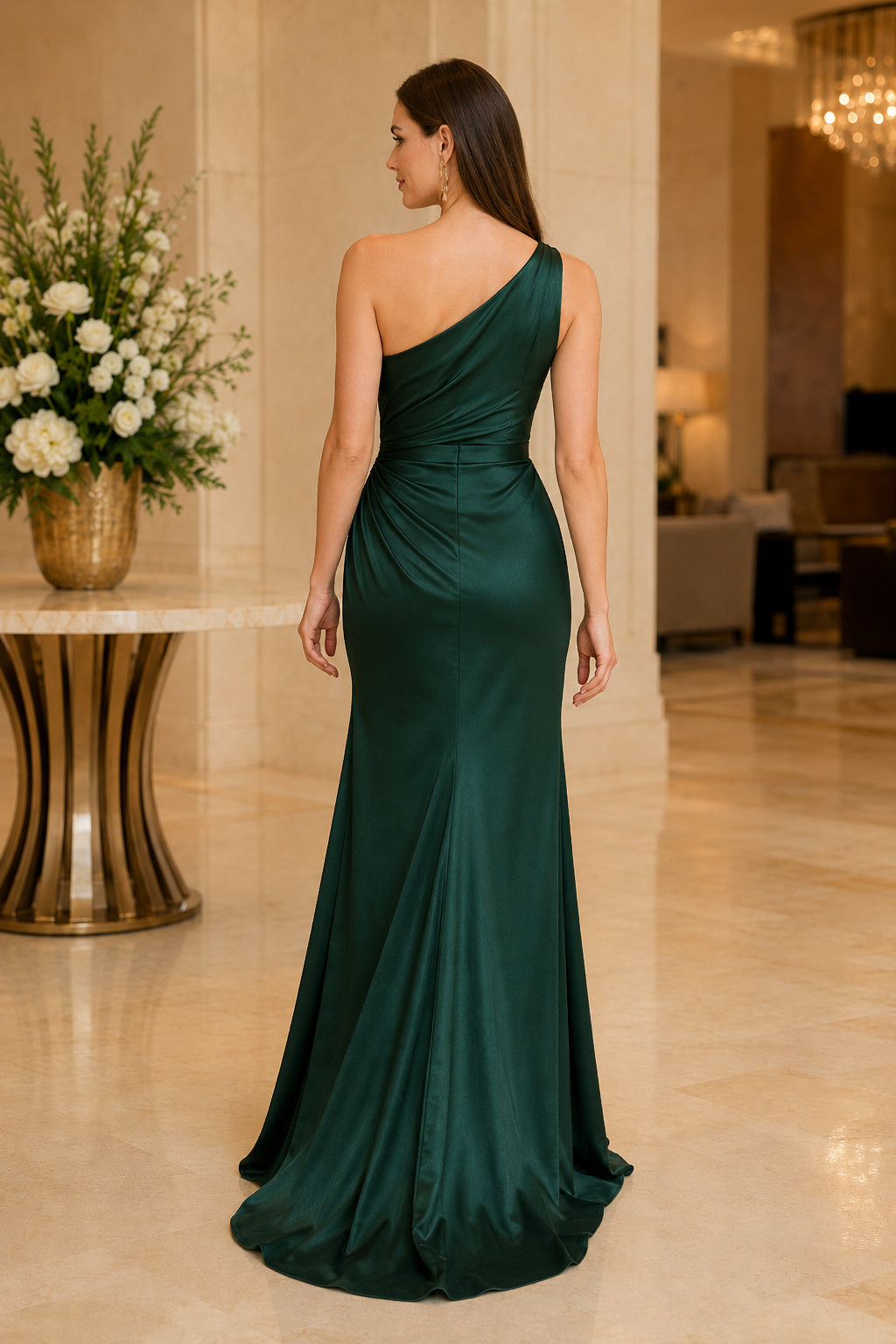 Dark Green One-Shoulder Satin Sheath Dress with Front Slit back view
