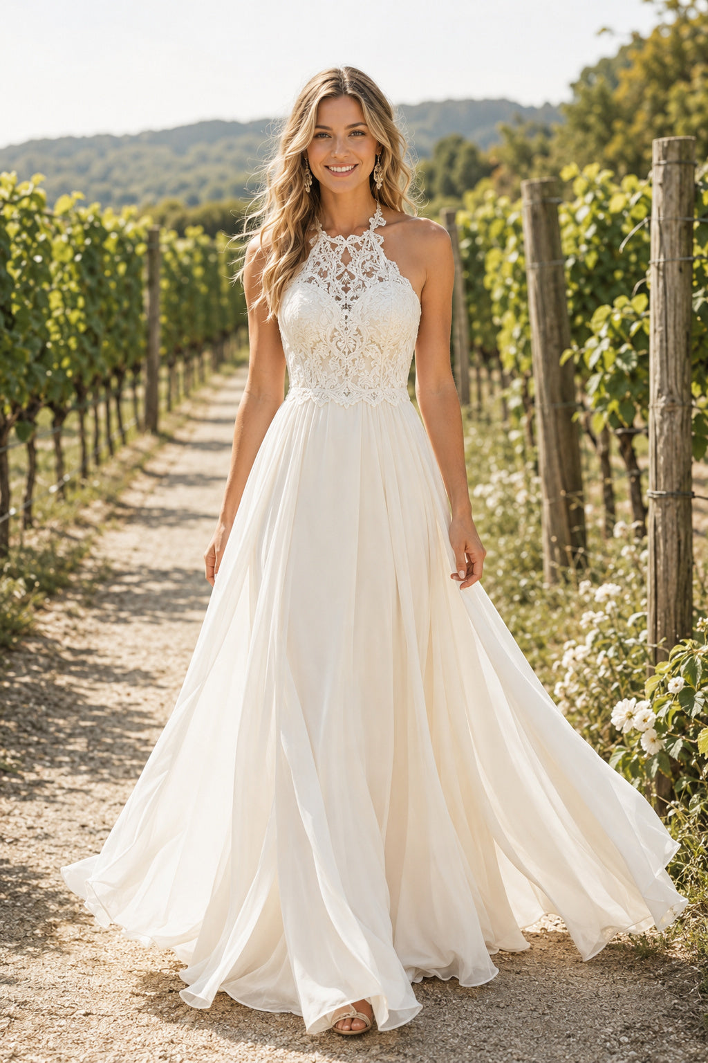 Ivory High Neck Halter Lace A-Line Wedding Dress with Flowing Chiffon Skirt front view