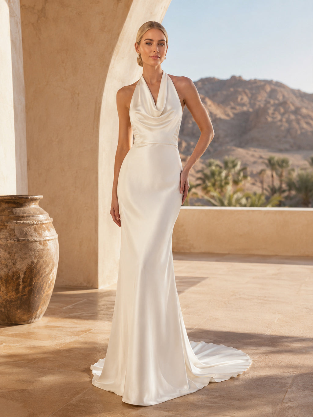 Halter Cowl Satin Sheath Desert Resort Elopement Dress front view